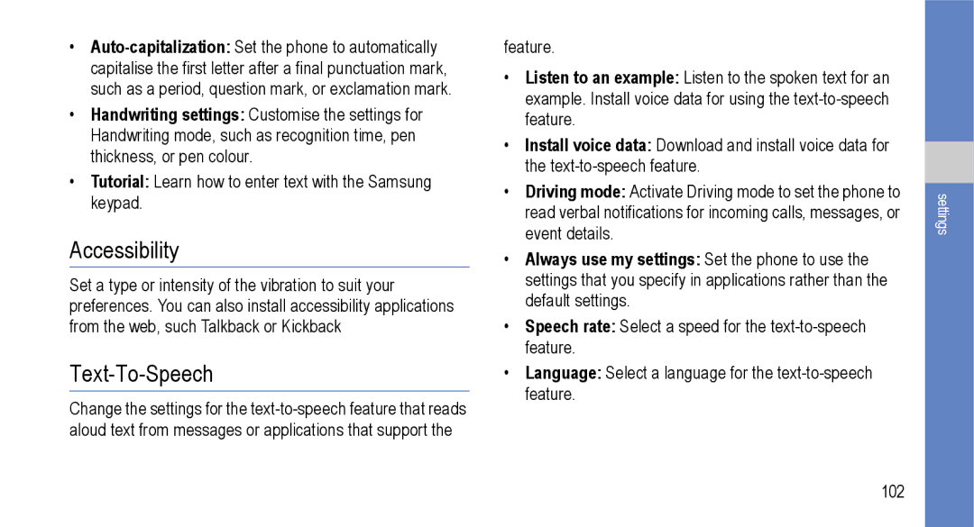 Samsung GT-I9000M user manual Accessibility, Text-To-Speech 