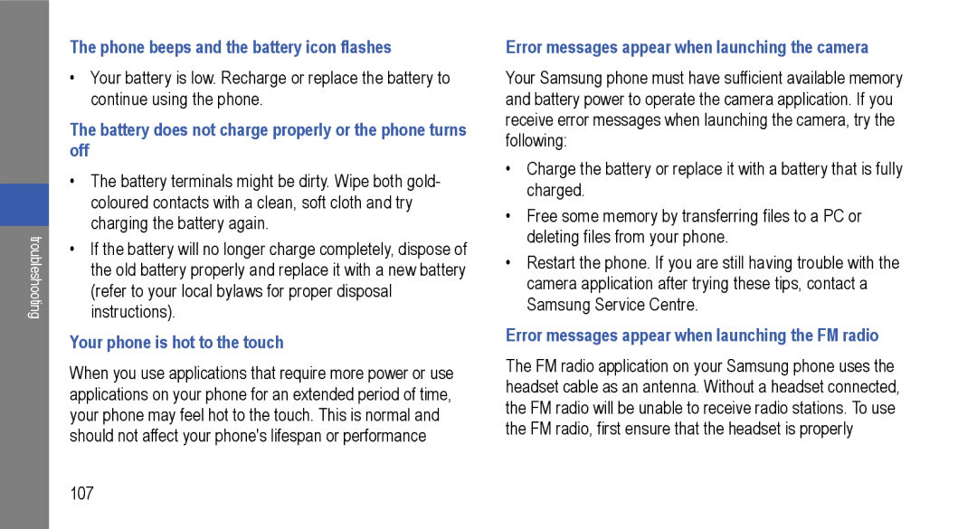 Samsung GT-I9000M user manual Phone beeps and the battery icon flashes 