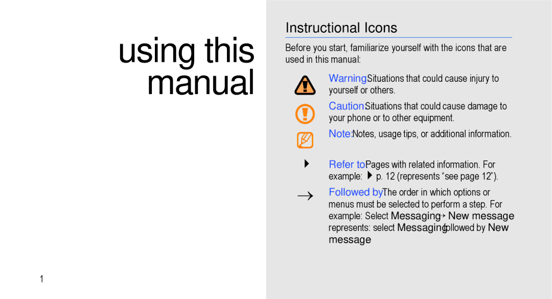 Samsung GT-I9000M user manual Using this manual, Instructional Icons 