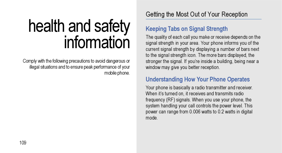 Samsung GT-I9000M user manual Health and safety information, Getting the Most Out of Your Reception 