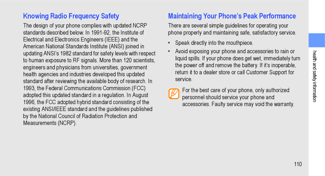 Samsung GT-I9000M user manual Knowing Radio Frequency Safety 