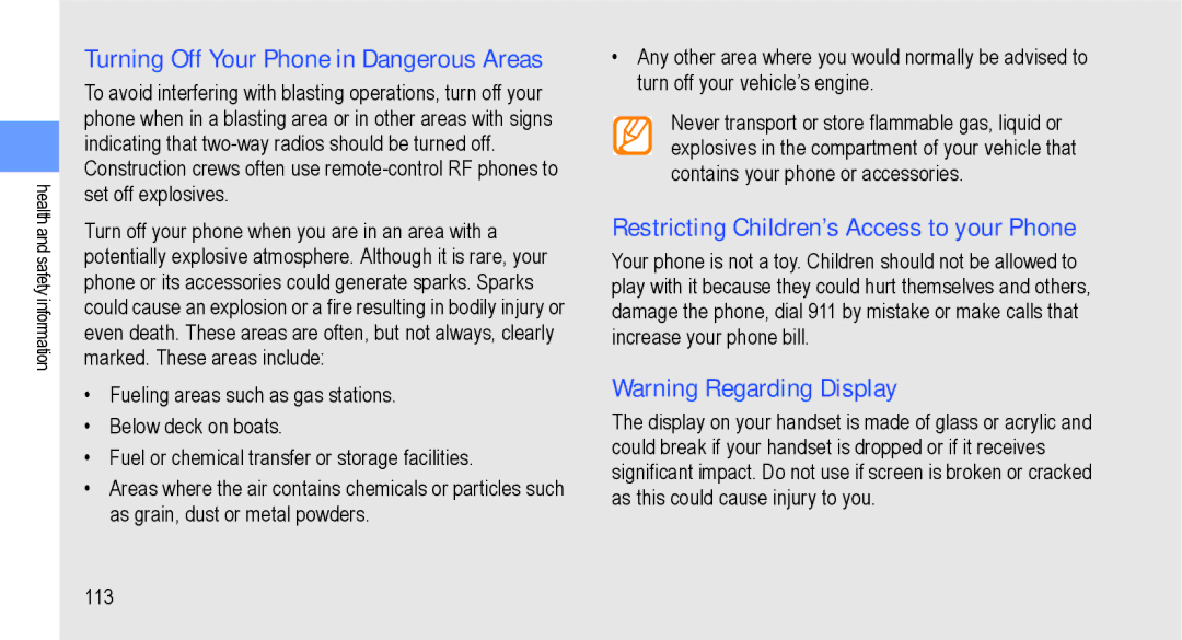 Samsung GT-I9000M user manual Turning Off Your Phone in Dangerous Areas 