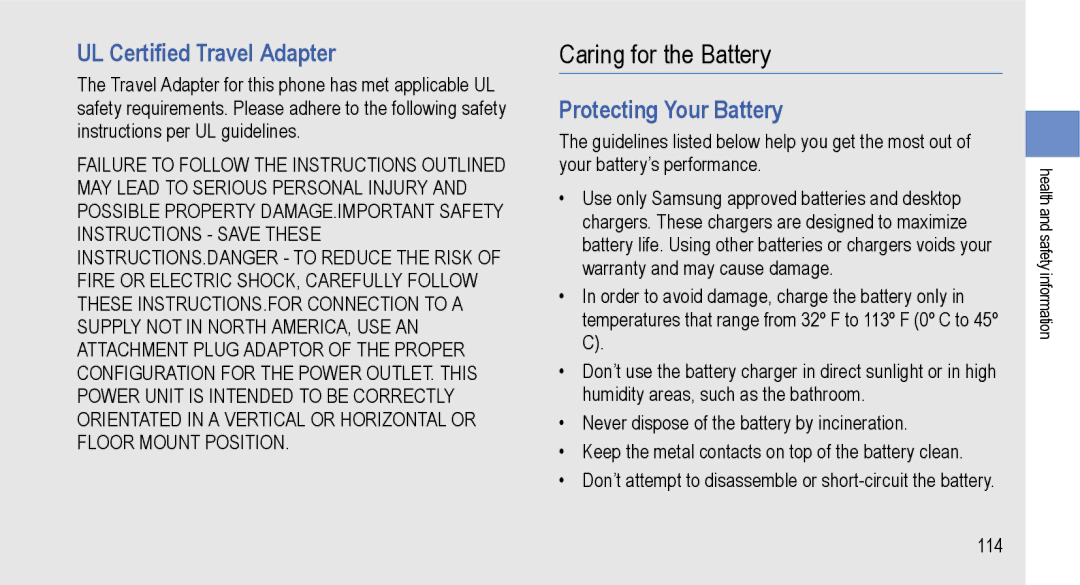 Samsung GT-I9000M user manual Caring for the Battery, UL Certified Travel Adapter 