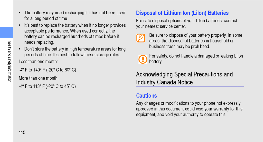 Samsung GT-I9000M user manual Acknowledging Special Precautions and Industry Canada Notice 