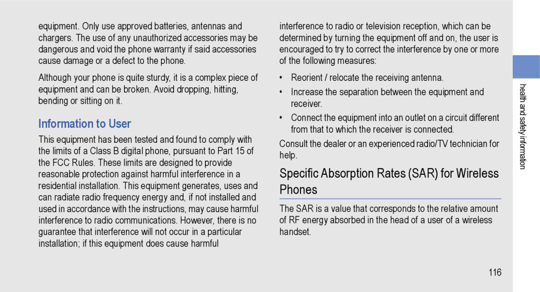 Samsung GT-I9000M user manual Specific Absorption Rates SAR for Wireless Phones, Information to User 