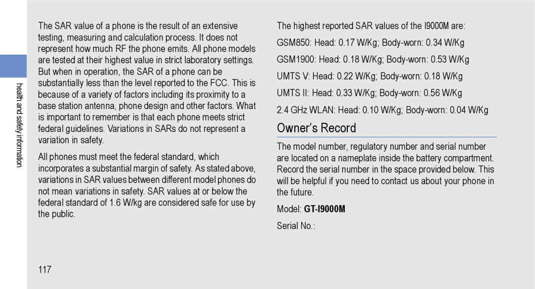 Samsung user manual Owner’s Record, Model GT-I9000M 