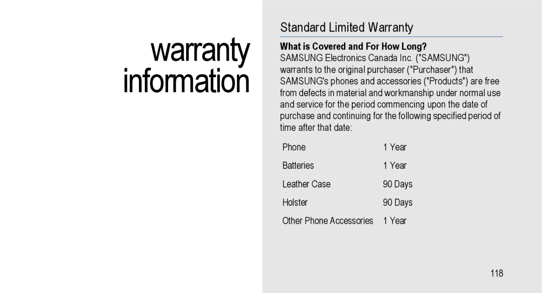 Samsung GT-I9000M user manual Warranty information, Standard Limited Warranty 