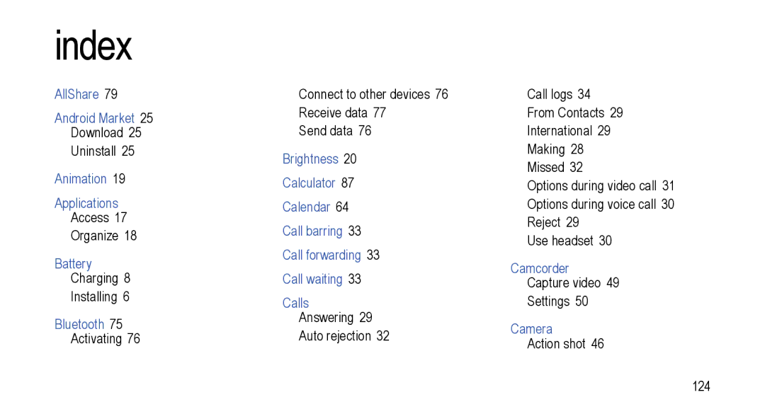 Samsung GT-I9000M user manual AllShare Android Market, Animation Applications, Battery, Bluetooth, Camcorder, Camera 