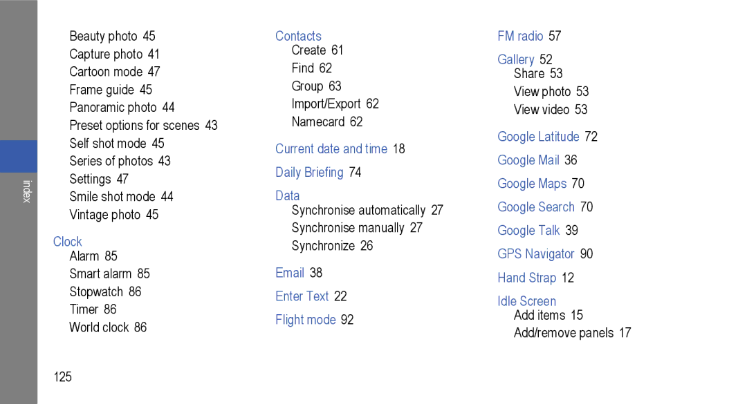 Samsung GT-I9000M Clock, Contacts, Current date and time 18 Daily Briefing Data, Enter Text Flight mode FM radio Gallery 