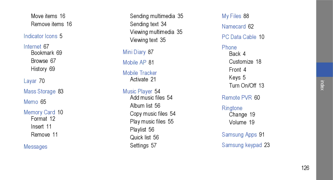 Samsung GT-I9000M Indicator Icons Internet, Layar Mass Storage Memo Memory Card, Messages, Music Player 54 Add music files 