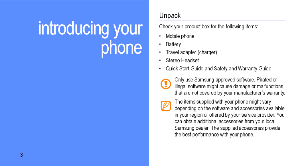 Samsung GT-I9000M user manual Introducing your phone, Unpack 