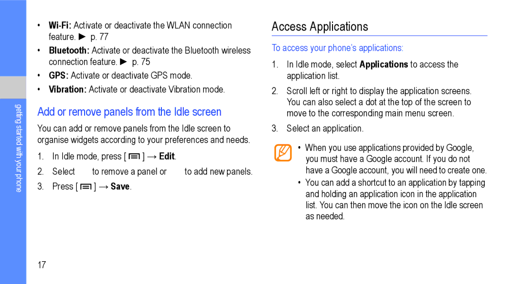 Samsung GT-I9000M Access Applications, Add or remove panels from the Idle screen, To access your phone’s applications 