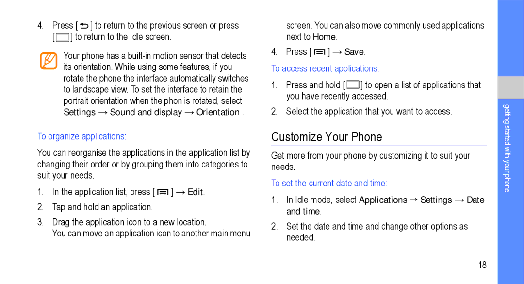 Samsung GT-I9000M user manual Customize Your Phone, To organize applications, To access recent applications 