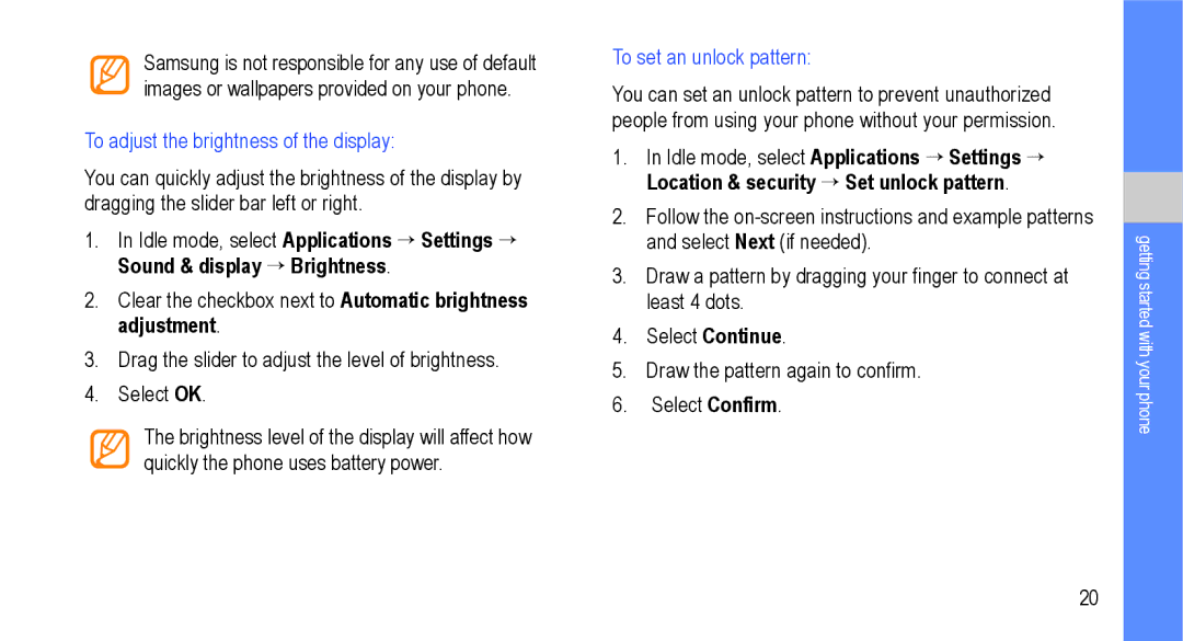 Samsung GT-I9000M user manual To adjust the brightness of the display, To set an unlock pattern 