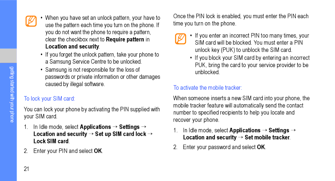 Samsung GT-I9000M user manual To lock your SIM card, To activate the mobile tracker 