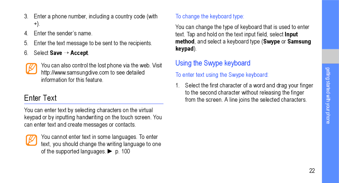 Samsung GT-I9000M user manual Enter Text, Using the Swype keyboard, Select Save → Accept, To change the keyboard type 