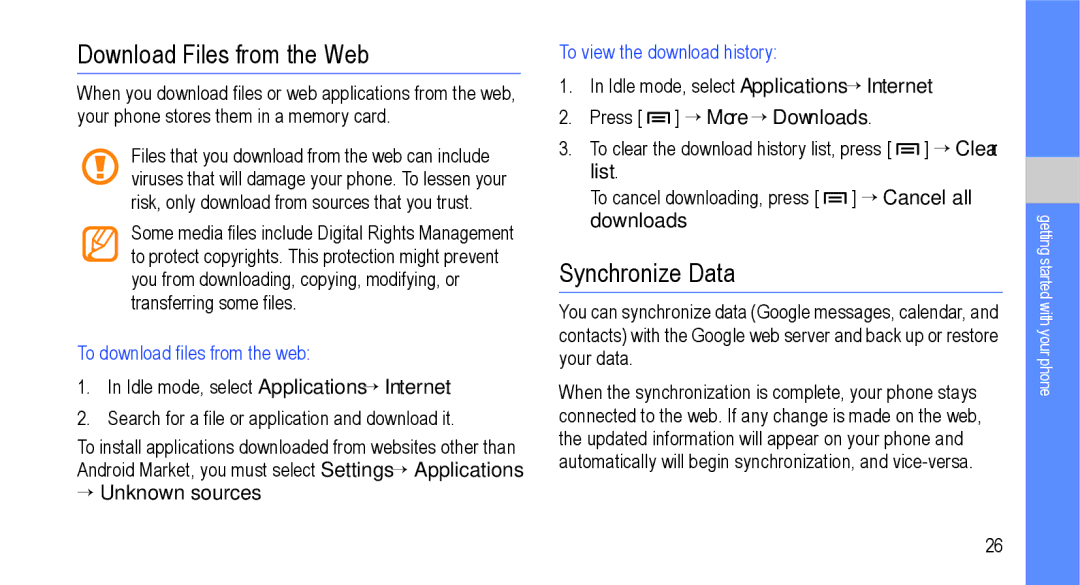 Samsung GT-I9000M user manual Download Files from the Web, Synchronize Data, → Unknown sources, Press → More → Downloads 