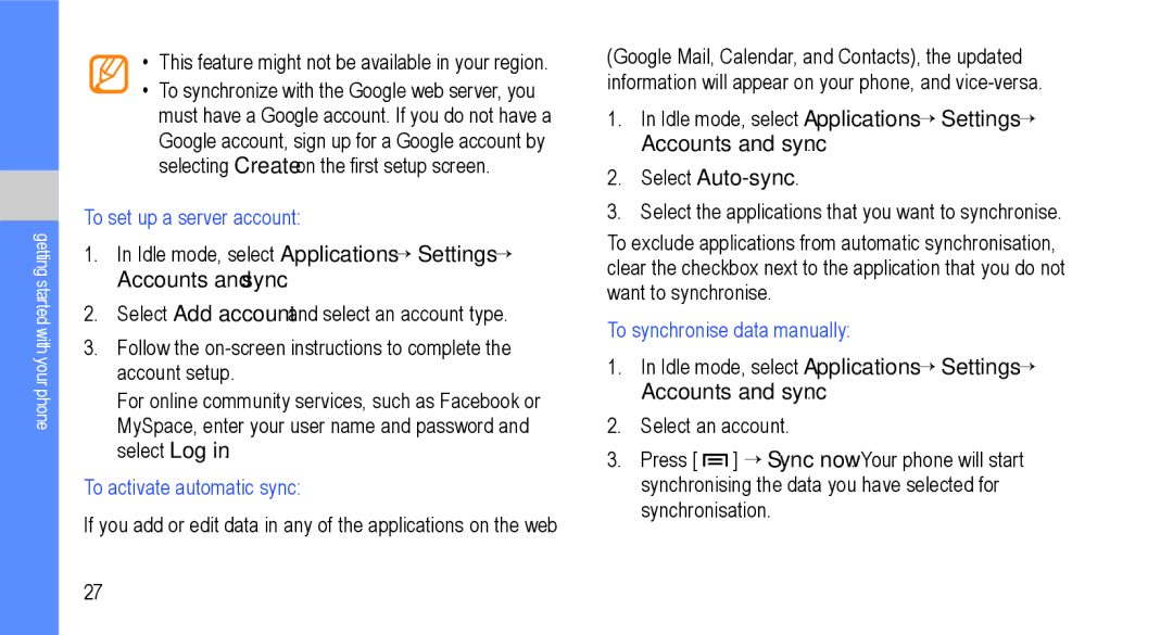 Samsung GT-I9000M user manual To set up a server account, To activate automatic sync, To synchronise data manually 