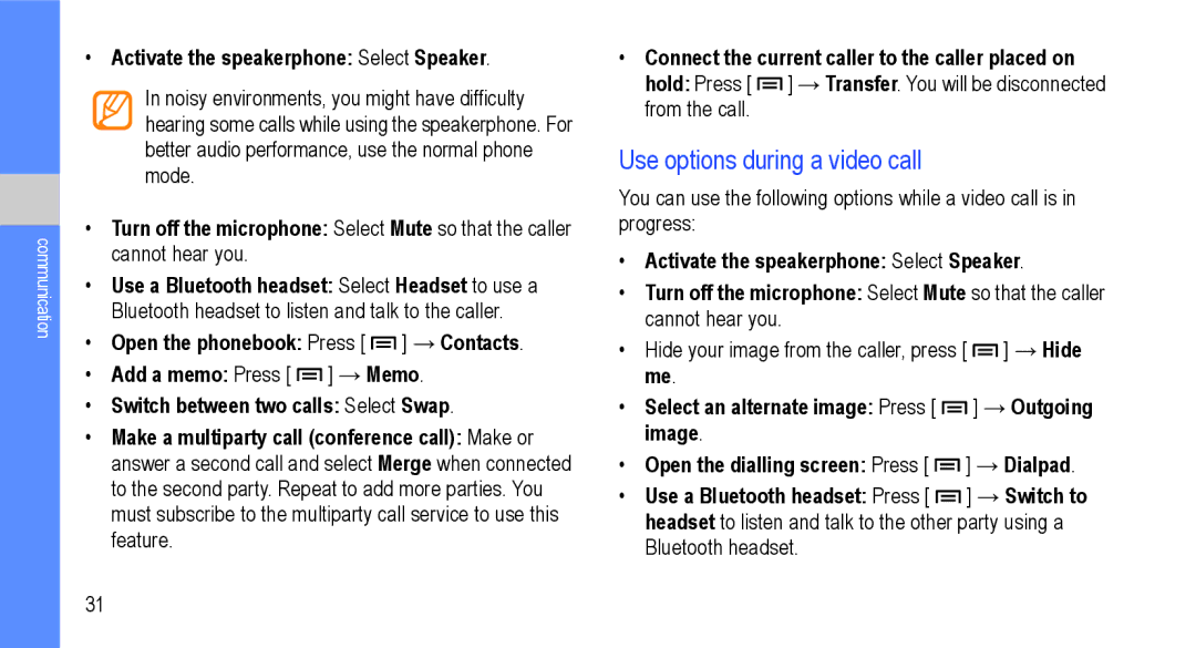 Samsung GT-I9000M user manual Use options during a video call, Activate the speakerphone Select Speaker 