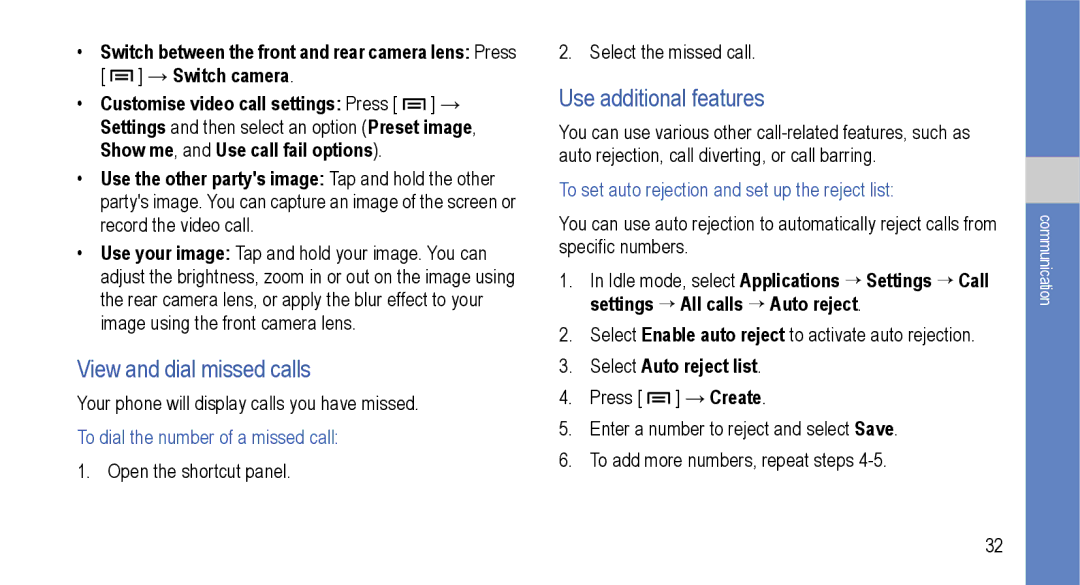 Samsung GT-I9000M View and dial missed calls, Use additional features, To set auto rejection and set up the reject list 