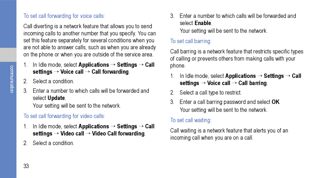 Samsung GT-I9000M To set call forwarding for voice calls, To set call forwarding for video calls, To set call barring 