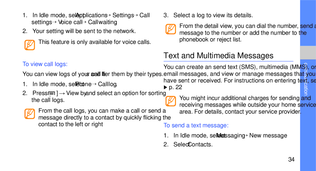 Samsung GT-I9000M user manual Text and Multimedia Messages, To view call logs, To send a text message 