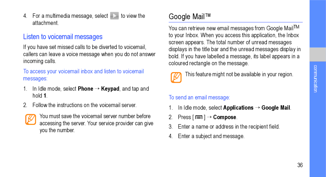 Samsung GT-I9000M user manual Google Mail, Listen to voicemail messages, To send an email message 