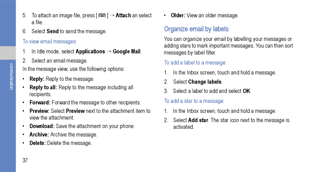 Samsung GT-I9000M Organize email by labels, To view email messages, To add a label to a message, Select Change labels 