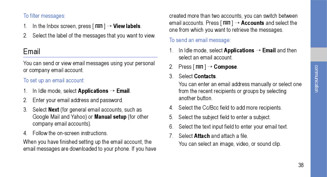 Samsung GT-I9000M user manual To filter messages, To set up an email account 