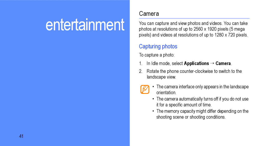 Samsung GT-I9000M user manual Camera, Capturing photos 