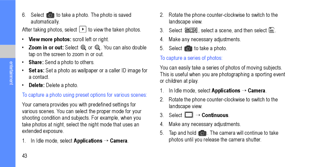 Samsung GT-I9000M user manual To capture a photo using preset options for various scenes, To capture a series of photos 