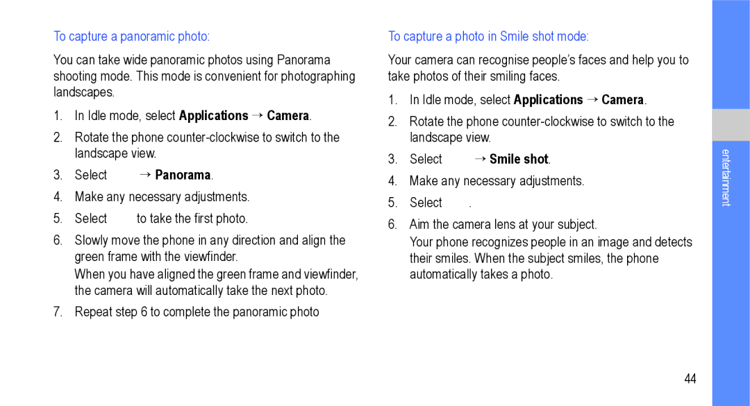 Samsung GT-I9000M user manual To capture a panoramic photo, To capture a photo in Smile shot mode, Select → Smile shot 