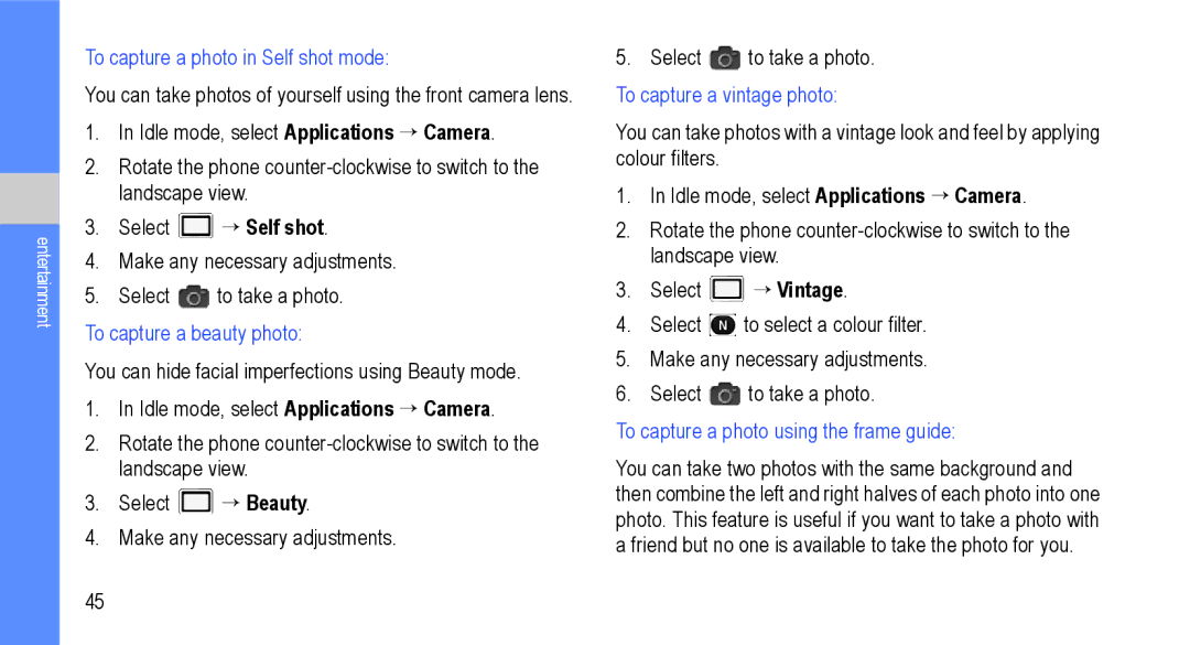 Samsung GT-I9000M user manual To capture a photo in Self shot mode, Select → Self shot, To capture a beauty photo 