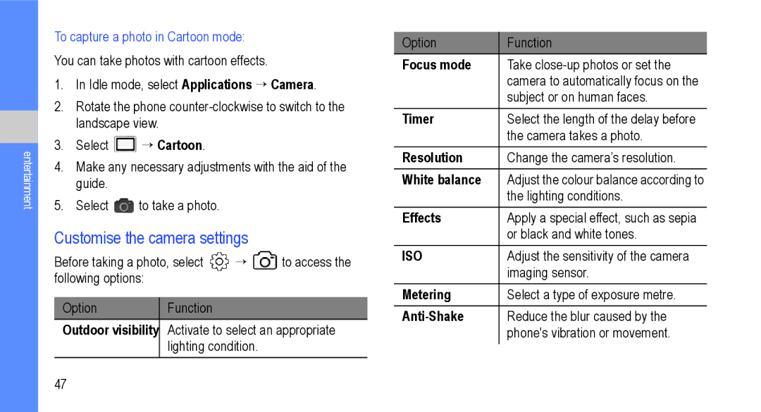 Samsung GT-I9000M user manual Customise the camera settings 