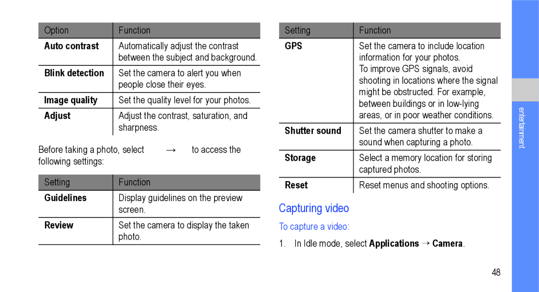 Samsung GT-I9000M Auto contrast, Blink detection, Image quality, Adjust, Guidelines, Review, Shutter sound, Storage, Reset 