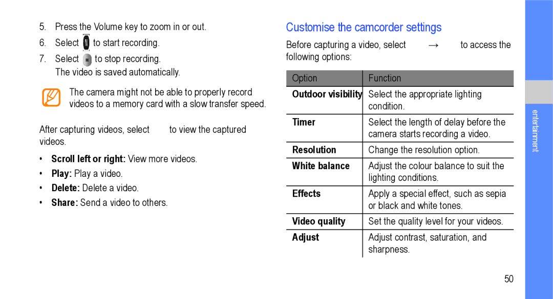 Samsung GT-I9000M user manual Customise the camcorder settings, Scroll left or right View more videos, Video quality 