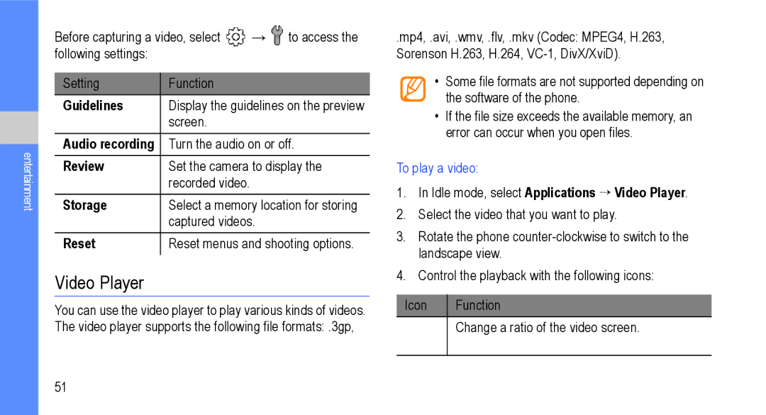 Samsung GT-I9000M user manual Audio recording, To play a video, Idle mode, select Applications → Video Player 