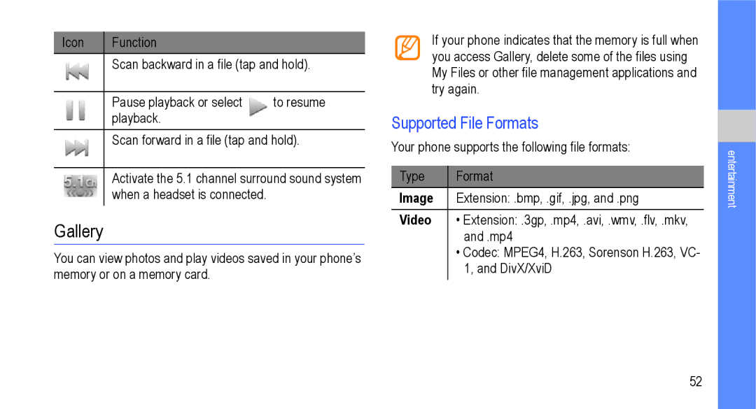 Samsung GT-I9000M user manual Gallery, Supported File Formats, Image, Video 