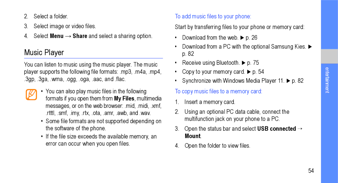 Samsung GT-I9000M user manual Music Player, To add music files to your phone, To copy music files to a memory card 