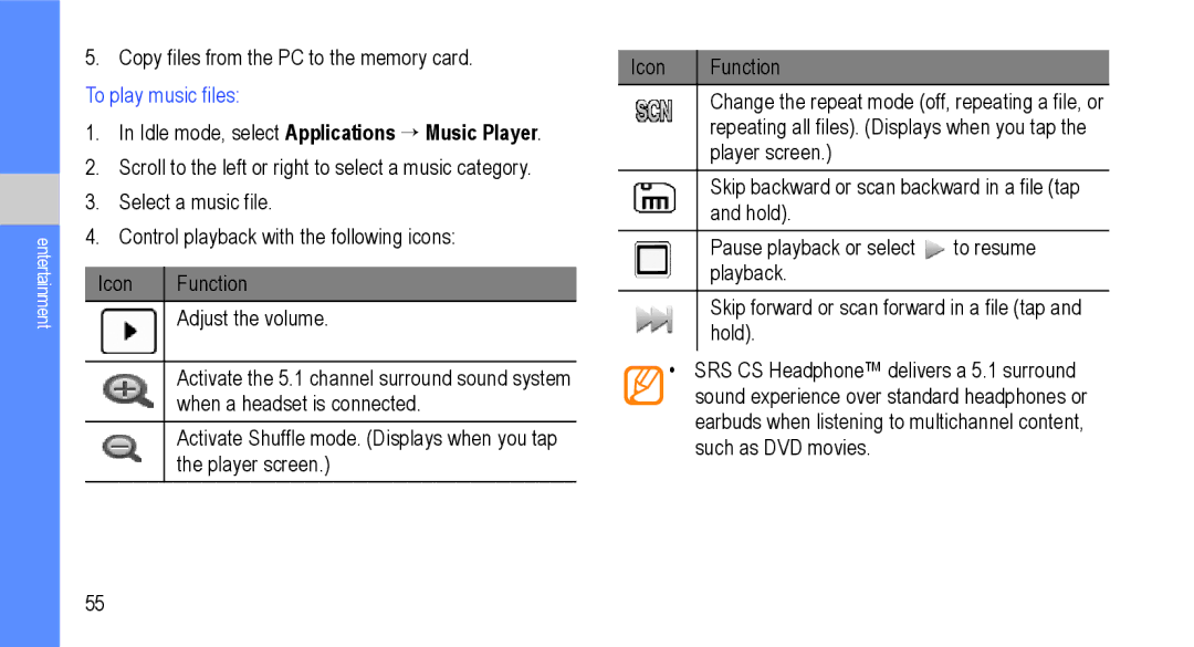 Samsung GT-I9000M user manual Idle mode, select Applications → Music Player 