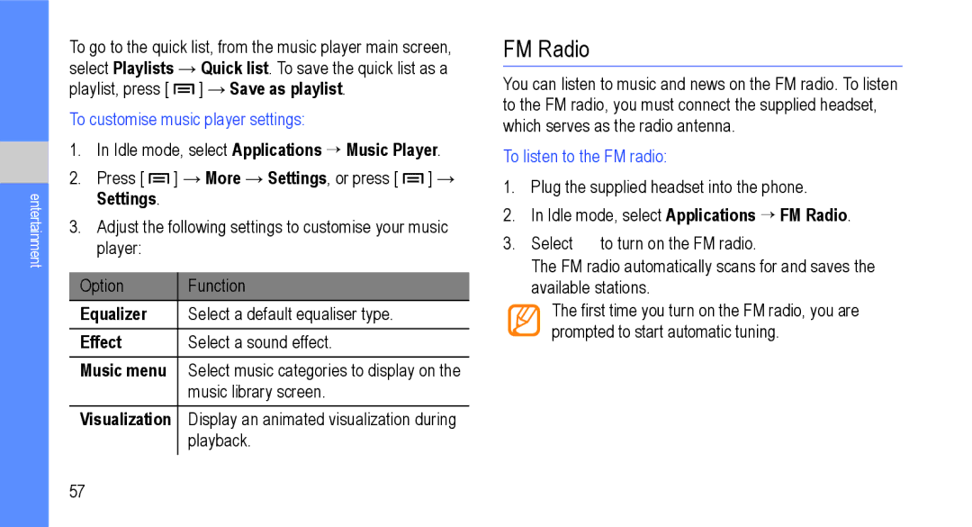 Samsung GT-I9000M user manual FM Radio, Equalizer, Effect, Music menu, Visualization 