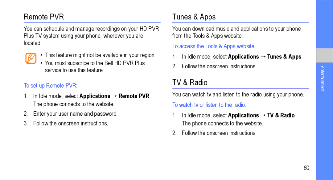 Samsung GT-I9000M user manual Remote PVR, TV & Radio, Idle mode, select Applications → Tunes & Apps 