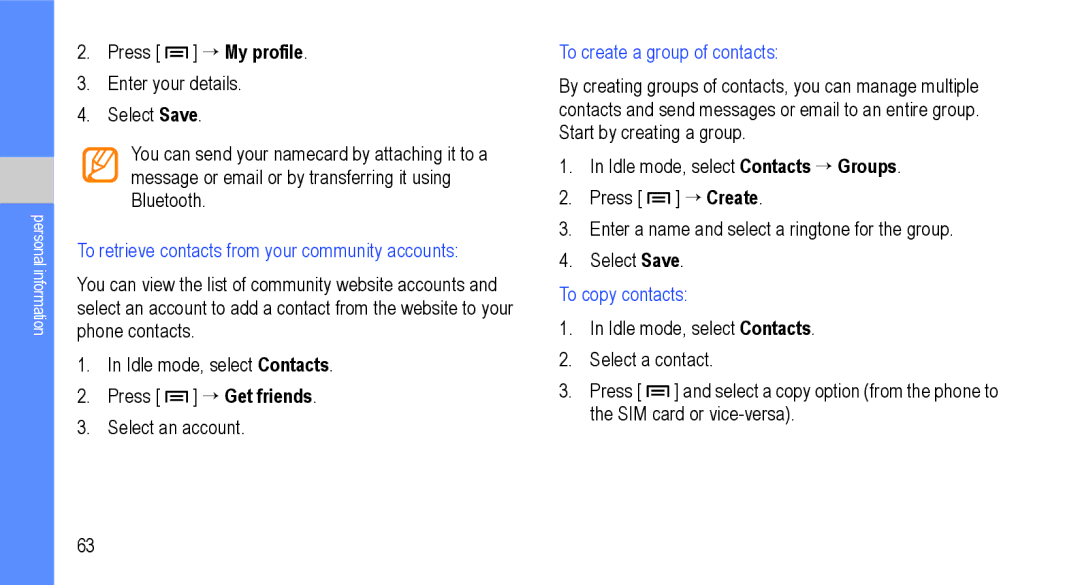 Samsung GT-I9000M To retrieve contacts from your community accounts, To create a group of contacts, To copy contacts 