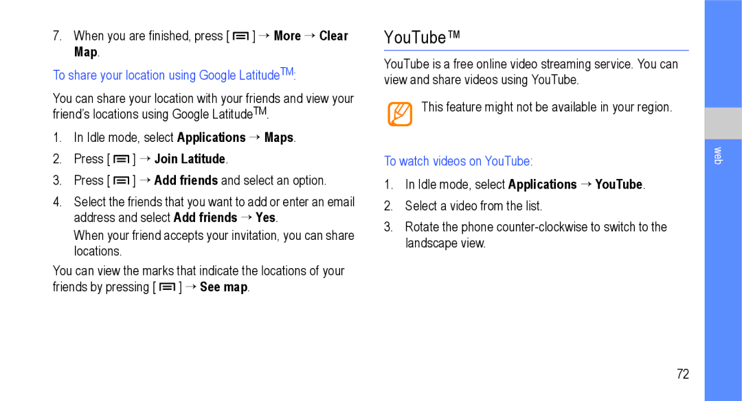 Samsung GT-I9000M user manual YouTube, To share your location using Google LatitudeTM, Press → Join Latitude 