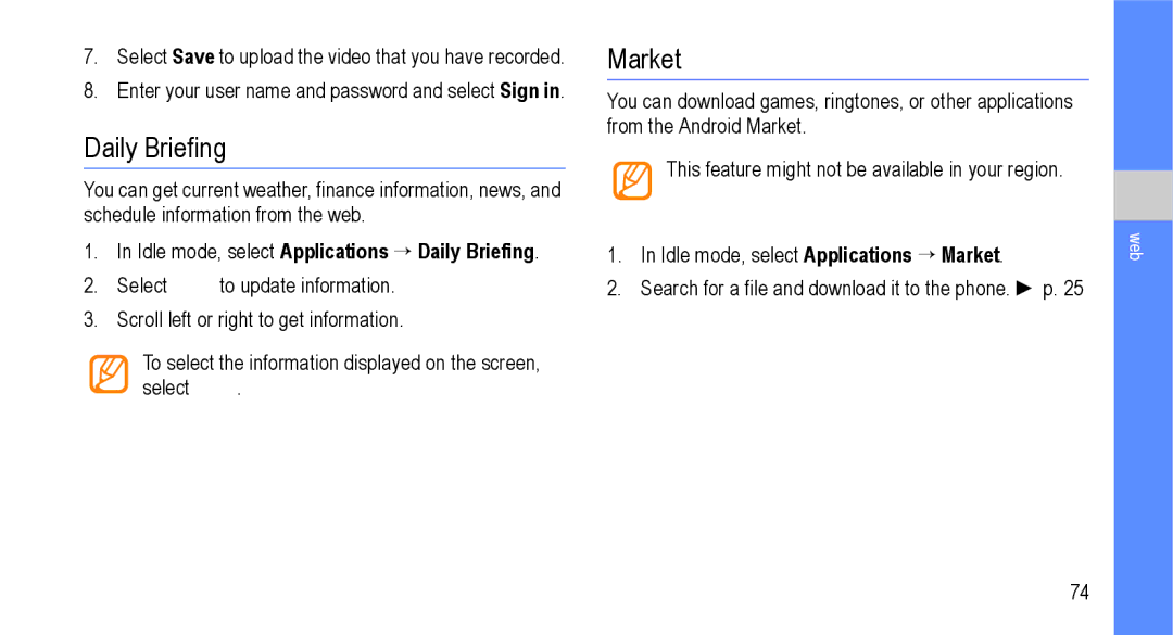 Samsung GT-I9000M user manual Market, Idle mode, select Applications → Daily Briefing 