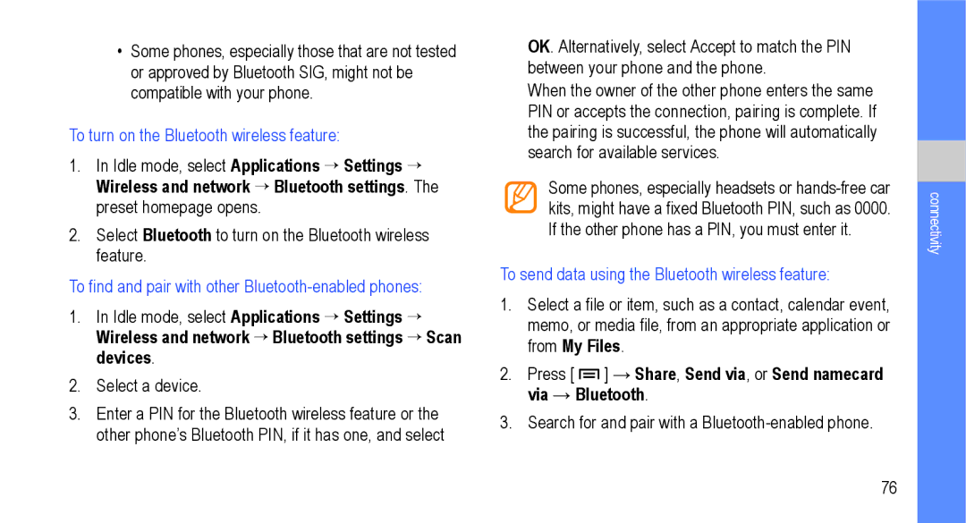 Samsung GT-I9000M To turn on the Bluetooth wireless feature, To find and pair with other Bluetooth-enabled phones 