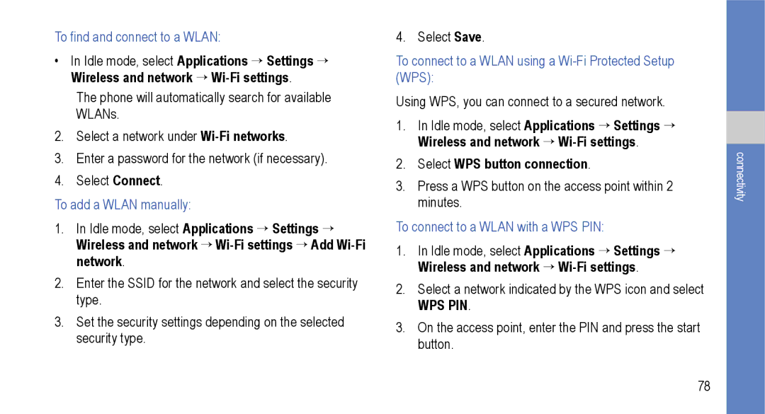 Samsung GT-I9000M user manual To find and connect to a Wlan, To add a Wlan manually, To connect to a Wlan with a WPS PIN 