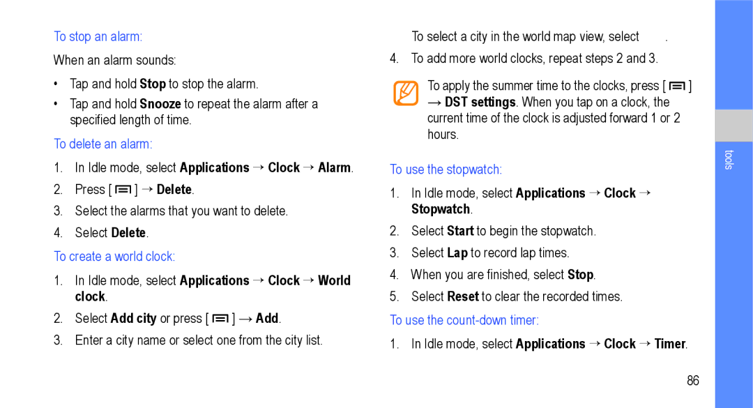 Samsung GT-I9000M user manual Idle mode, select Applications → Clock → Timer 