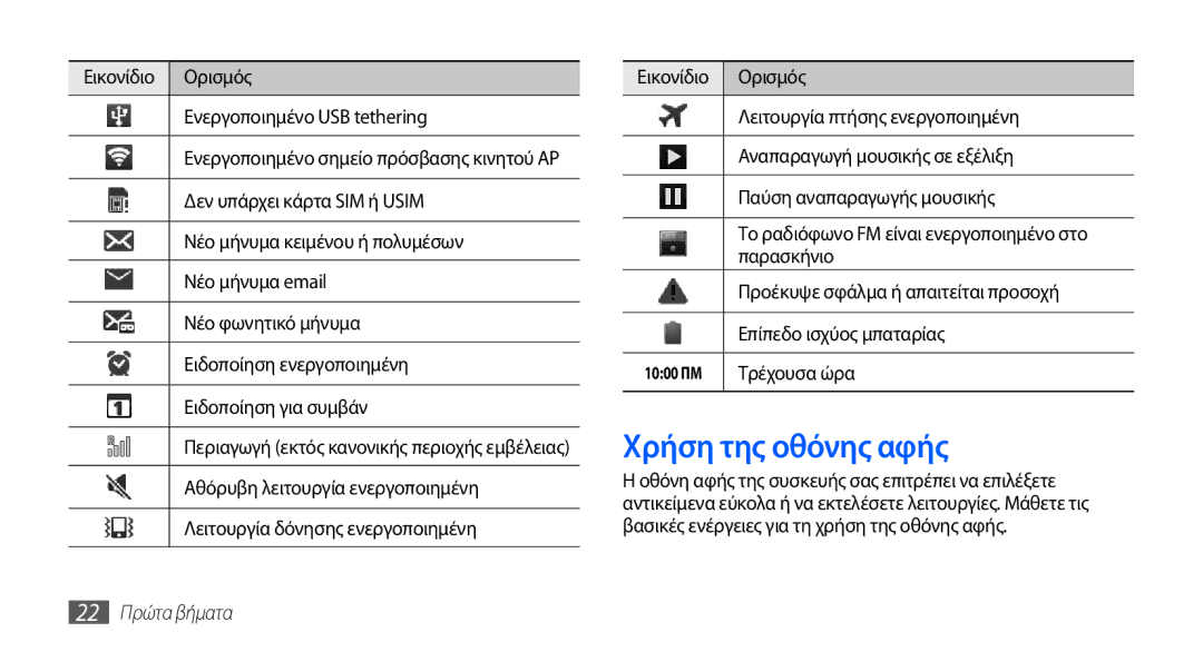 Samsung GT-I9000RWDCOS, GT-I9000RWYEUR, GT-I9000HKYEUR, GT-I9000HKDEUR, GT-I9000HKYCOS Χρήση της οθόνης αφής, 22 Πρώτα βήματα 