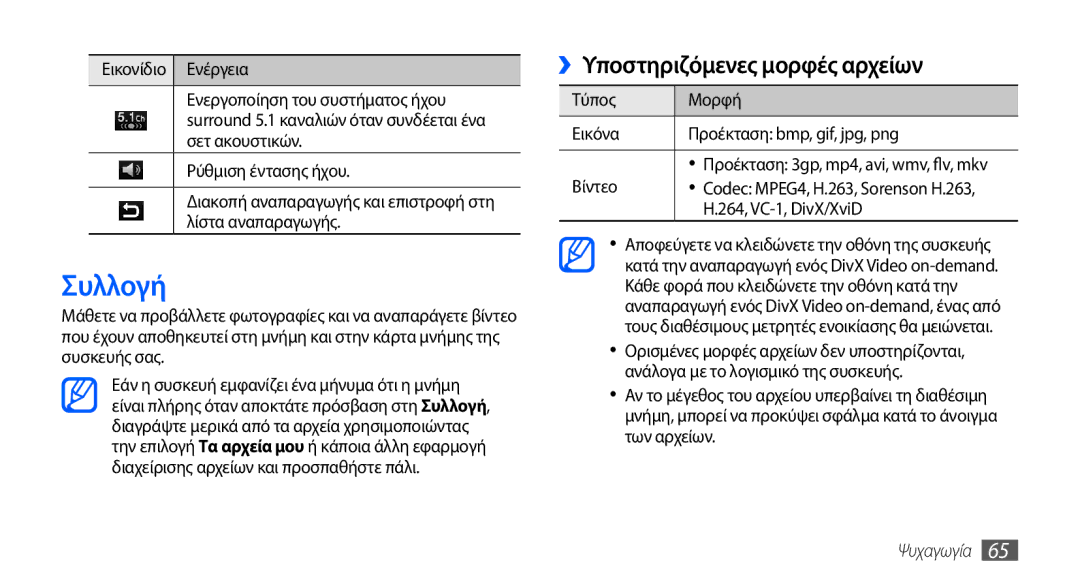 Samsung GT-I9000HKAVGR manual Συλλογή, ››Υποστηριζόμενες μορφές αρχείων, Τύπος Μορφή Εικόνα Προέκταση bmp, gif, jpg, png 